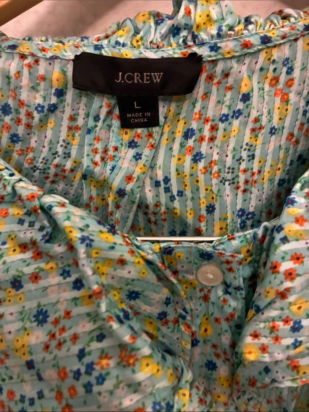 J. Crew Mint Floral Pintuck Button Blouse